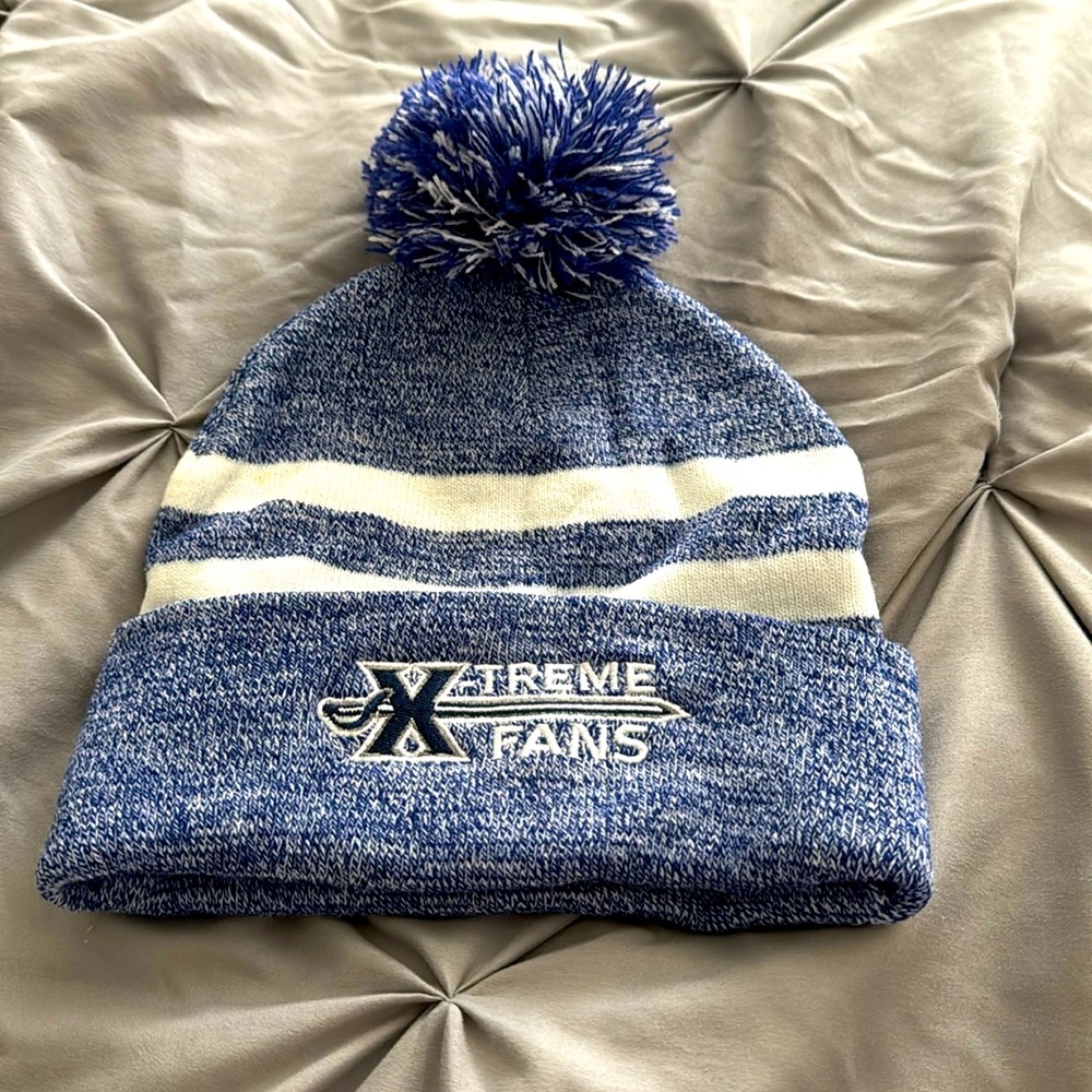X-treme Fans Xavier University Blue and White Striped Puffball Beanie